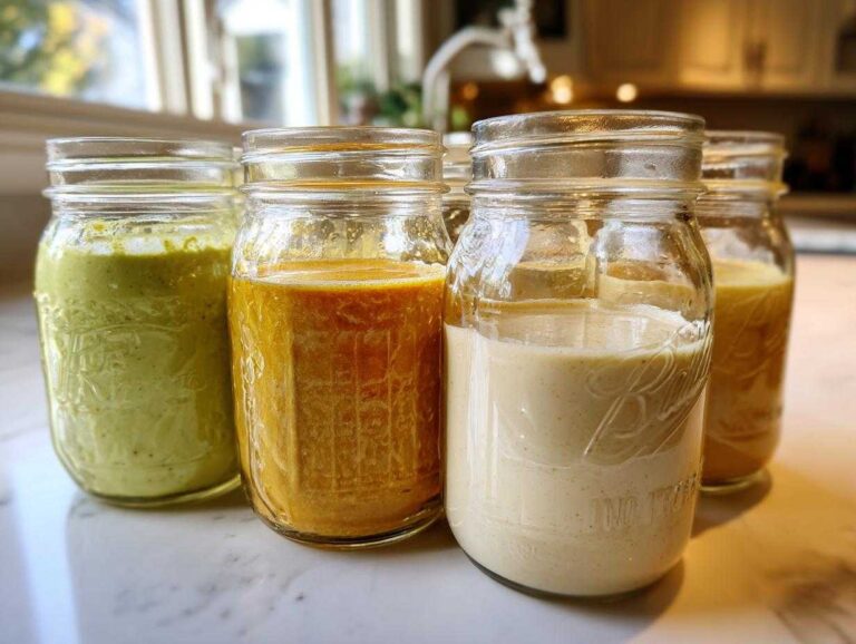 Four different colors of homemade salad dressing stored in glass mason jars, showcasing variety.