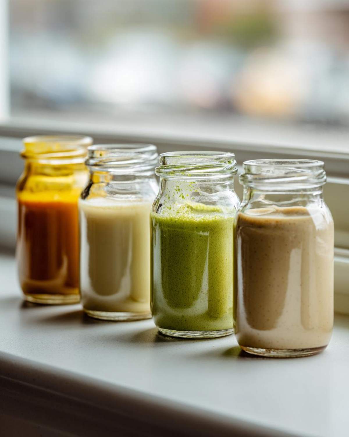 Four small glass jars showcasing different colors of homemade salad dressing lined up on a windowsill.