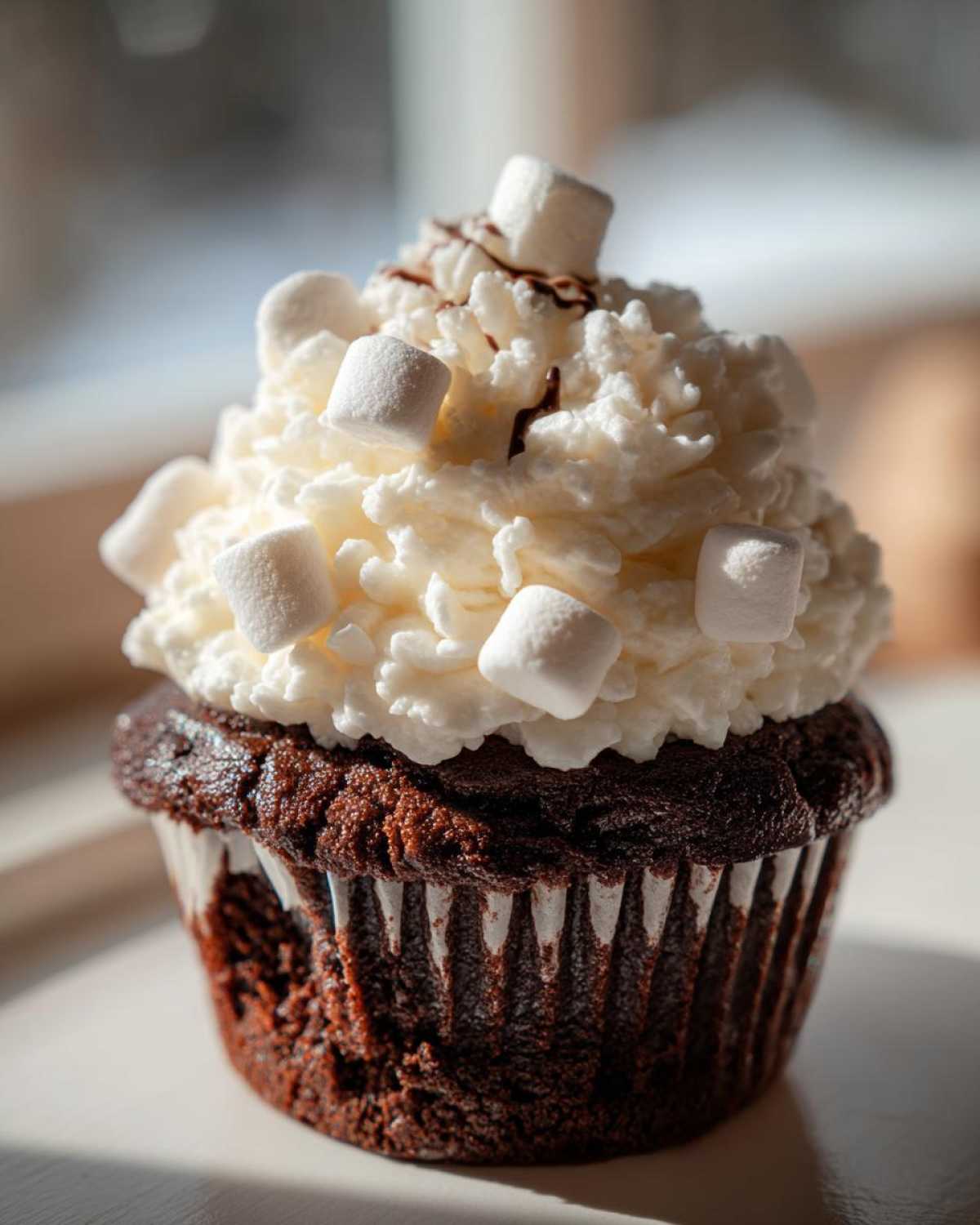 A rich chocolate cupcake topped with whipped cream, mini marshmallows, and a chocolate drizzle, perfect for hot chocolate cupcakes.