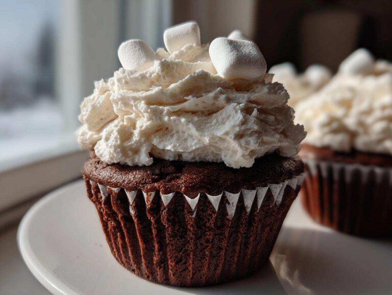 Close-up of a rich, dark chocolate hot chocolate cupcake topped with whipped cream and mini marshmallows.