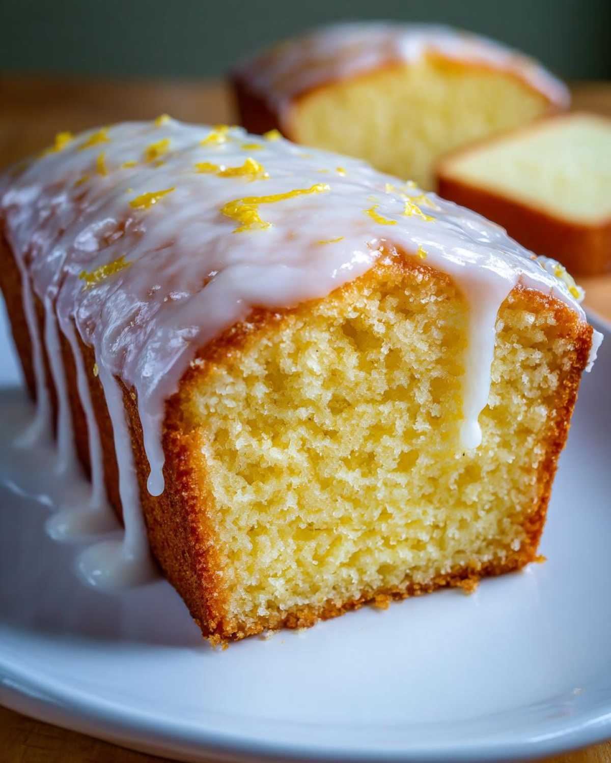 A close-up cross-section of a moist lemon loaf covered in white glaze and topped with bright yellow lemon zest.