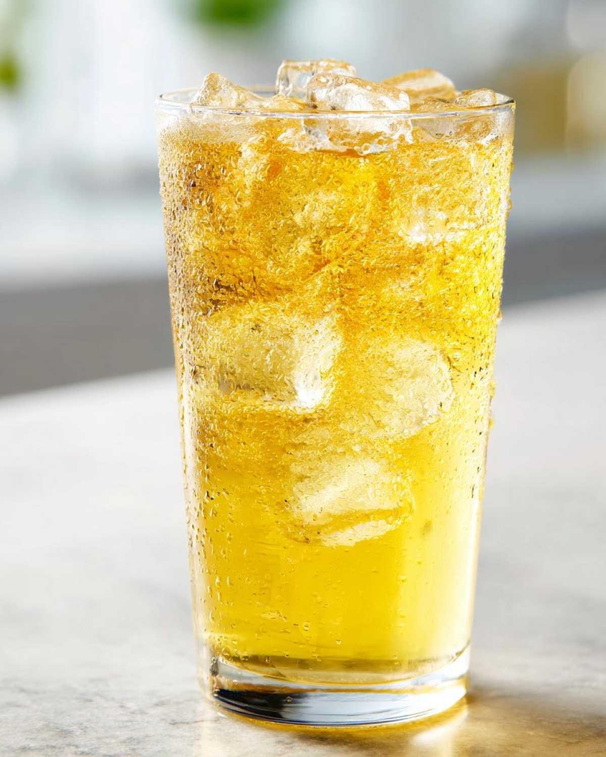 Close-up of a tall glass filled with ice and golden yellow homemade lemonade, showing condensation on the glass.