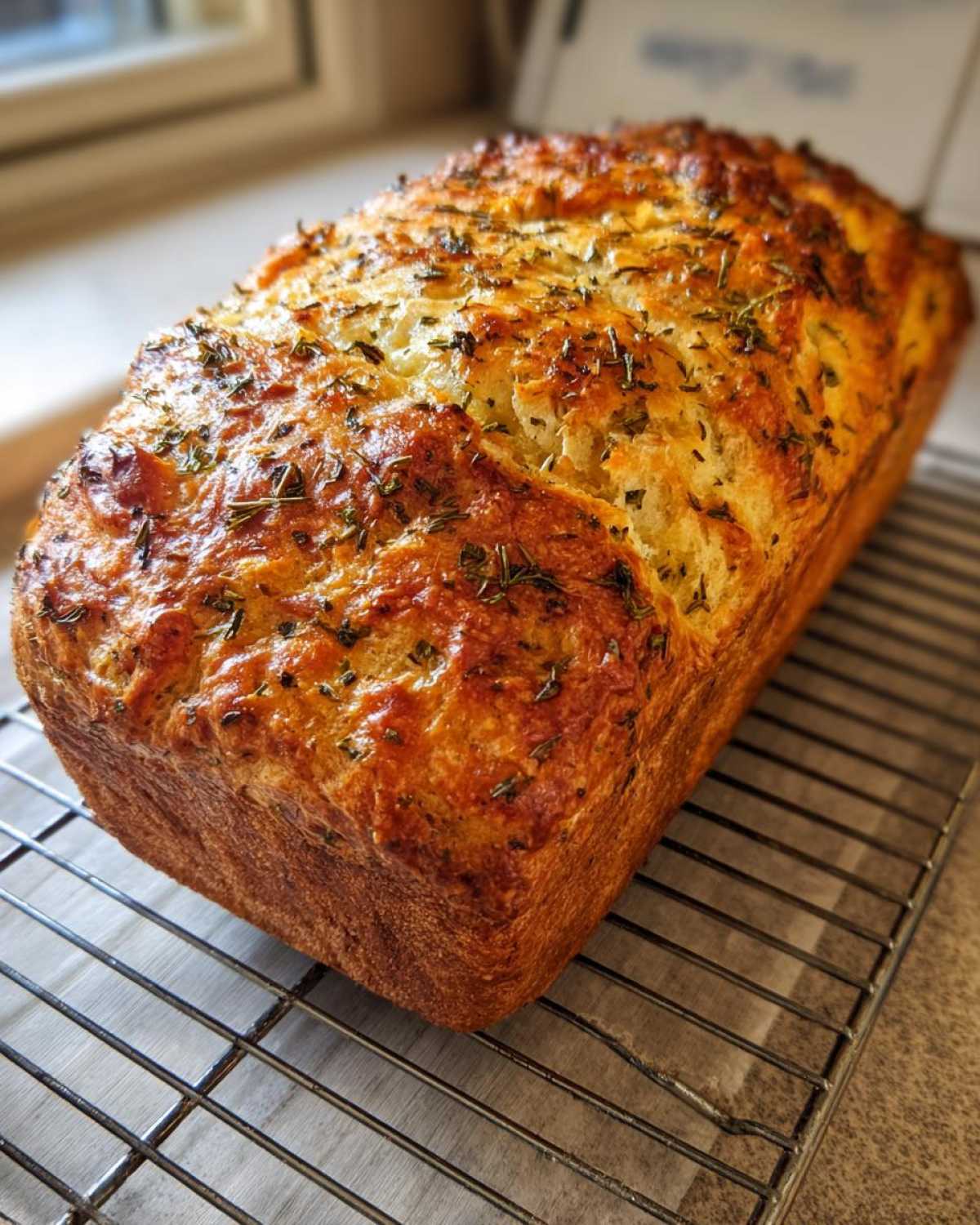 A golden-brown loaf of Italian herb and cheese bread cooling on a wire rack.