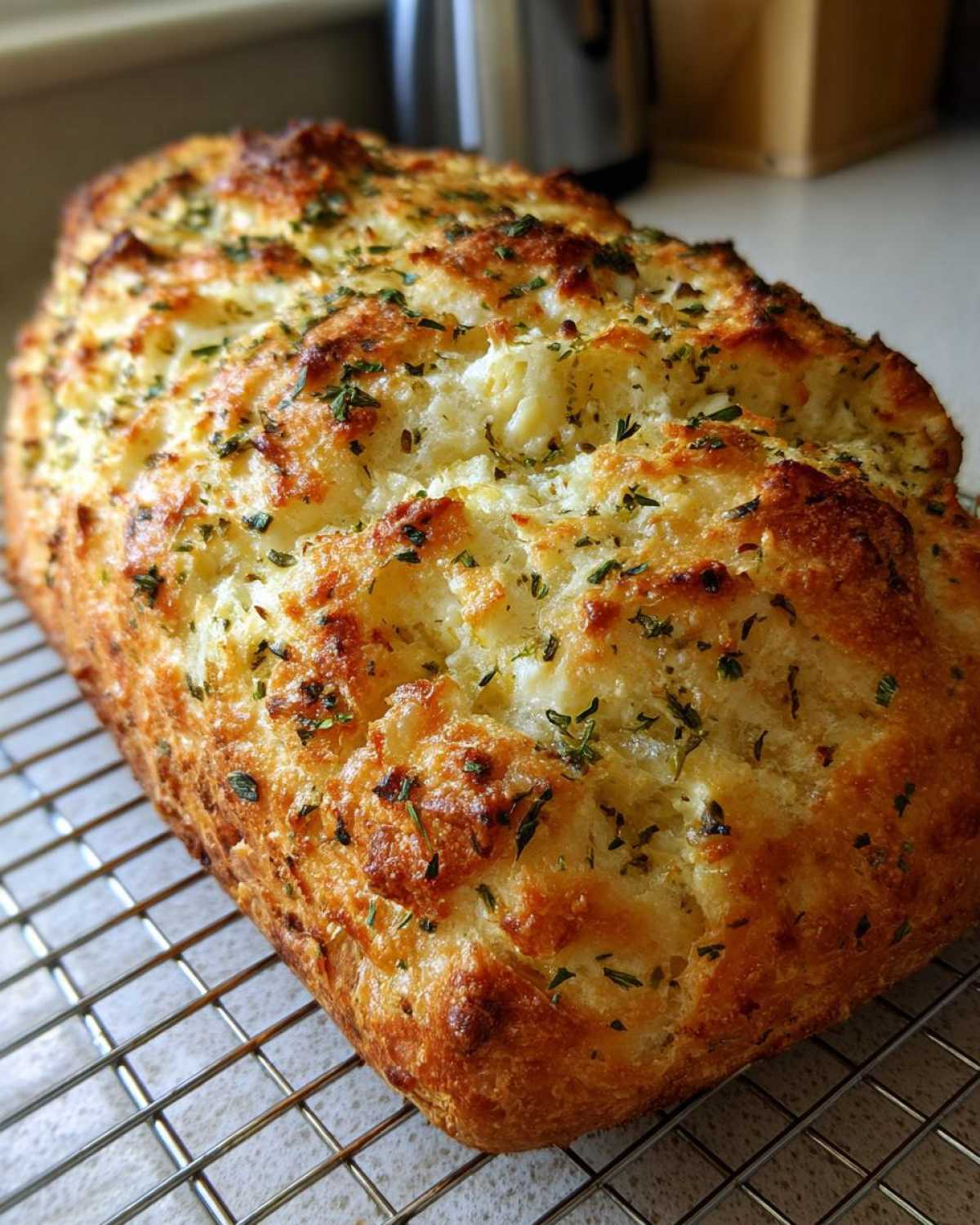 A golden-brown loaf of Italian herb and cheese bread cooling on a wire rack, topped with visible herbs.