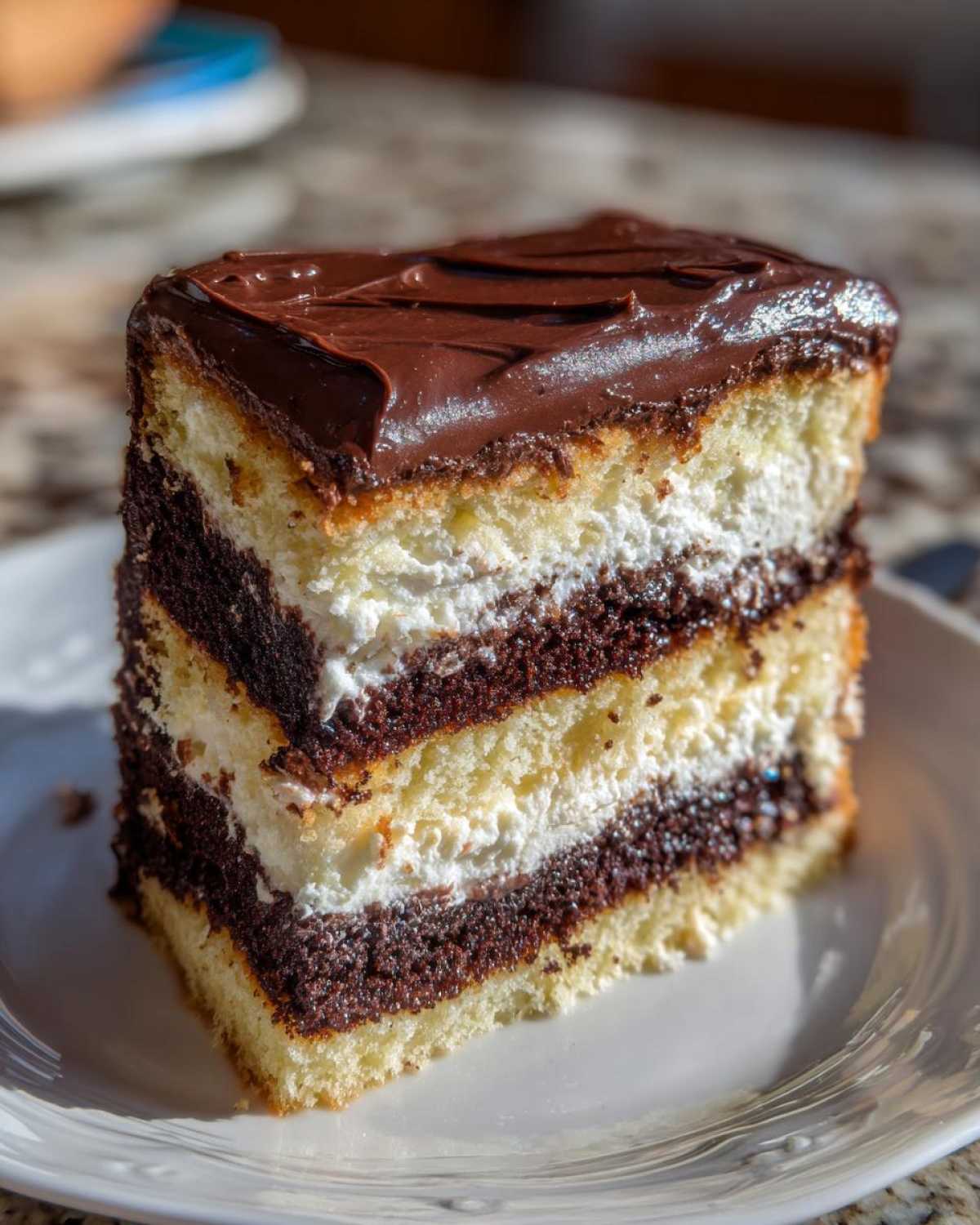 A tall slice of Italian love cake featuring alternating layers of yellow cake, dark chocolate cake, and white cream filling, topped with chocolate frosting.