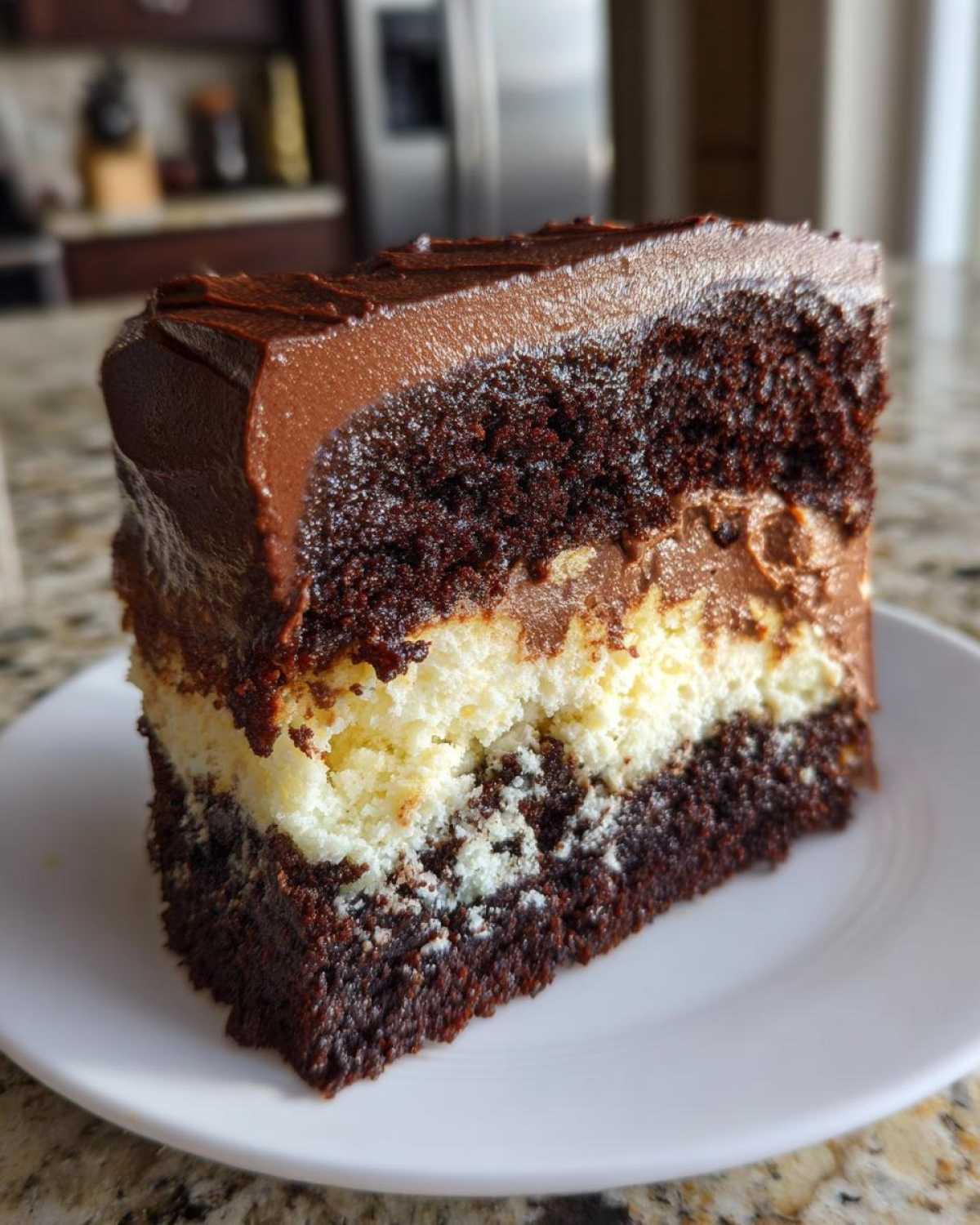A decadent slice of Italian love cake showing three distinct layers: dark chocolate cake, creamy filling, and chocolate frosting.