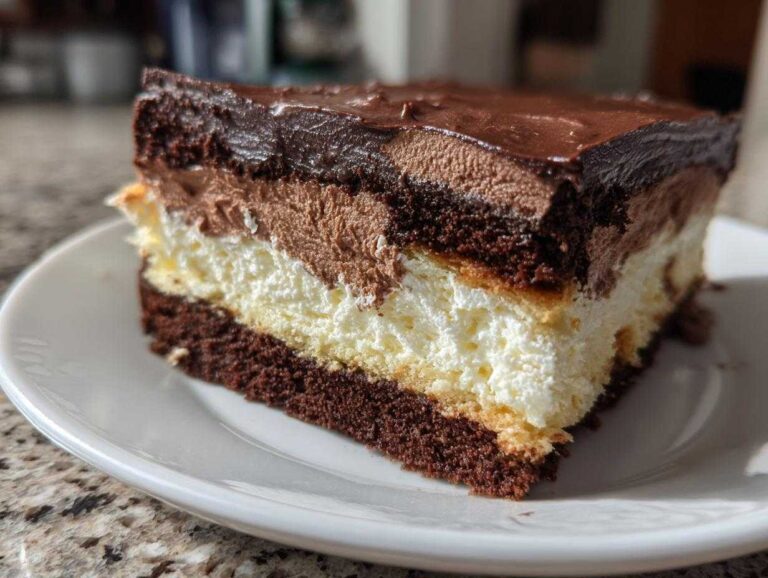 A rich slice of Italian love cake featuring three distinct layers: dark chocolate cake, white cream, and chocolate mousse, topped with ganache.