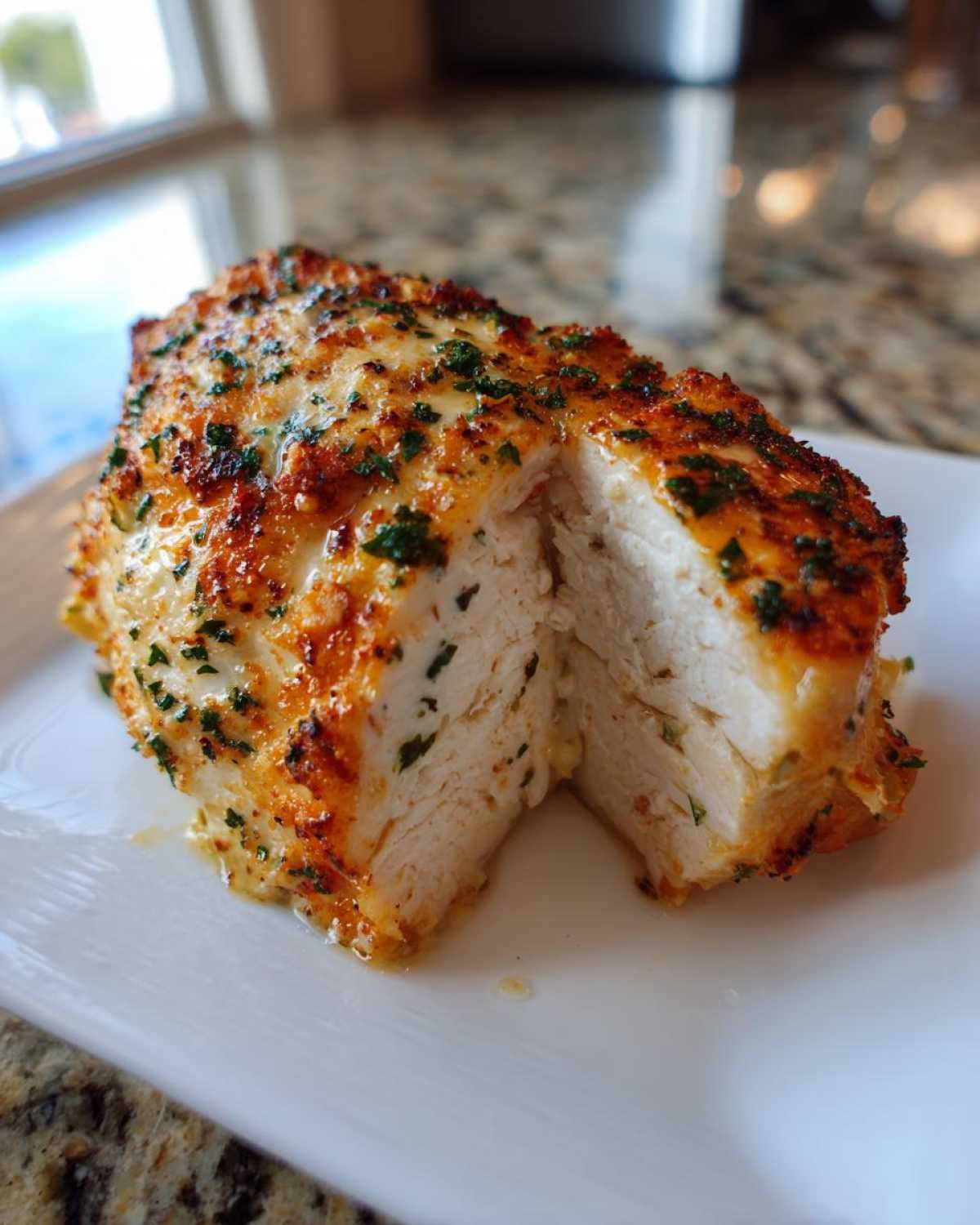 Cross-section of a perfectly juicy baked chicken breast seasoned with herbs and spices.