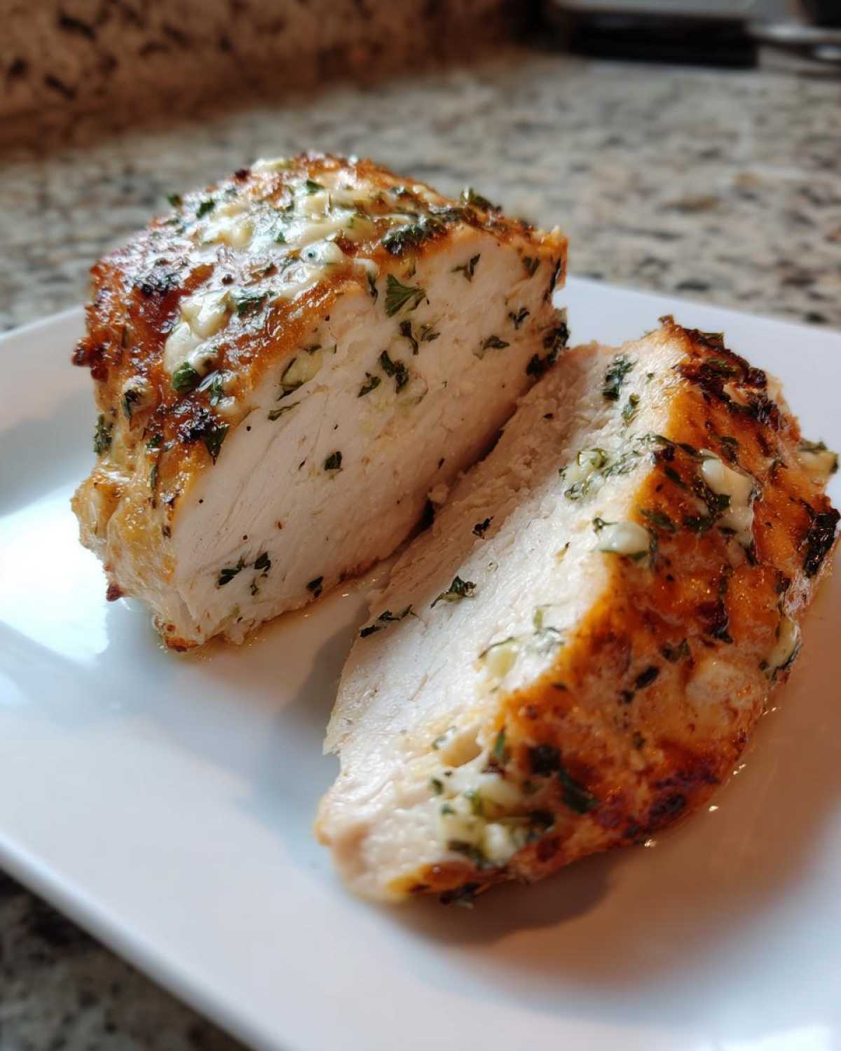 Cross-section of a juicy baked chicken breast topped with herbs and garlic butter.