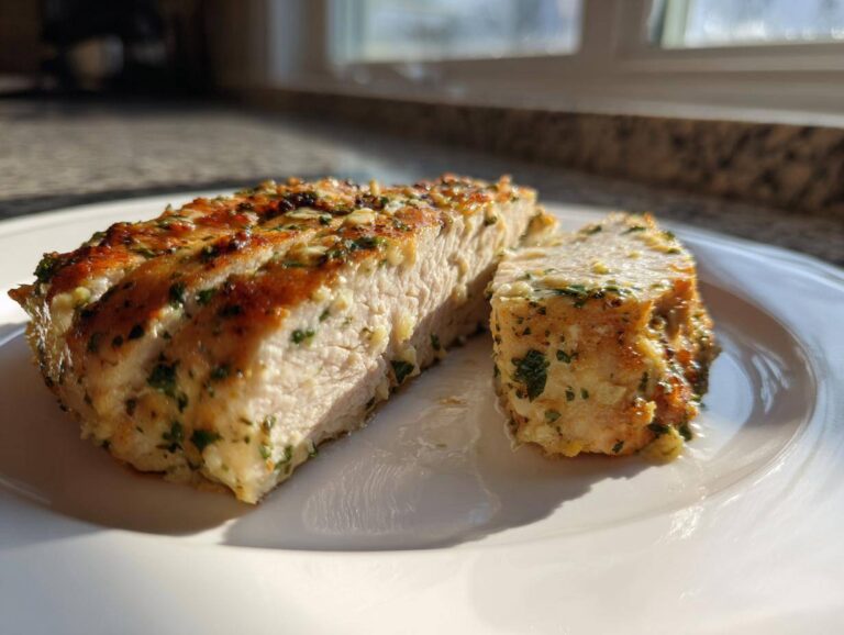 Close-up of a juicy baked chicken breast, sliced to show the moist interior and herb crust.