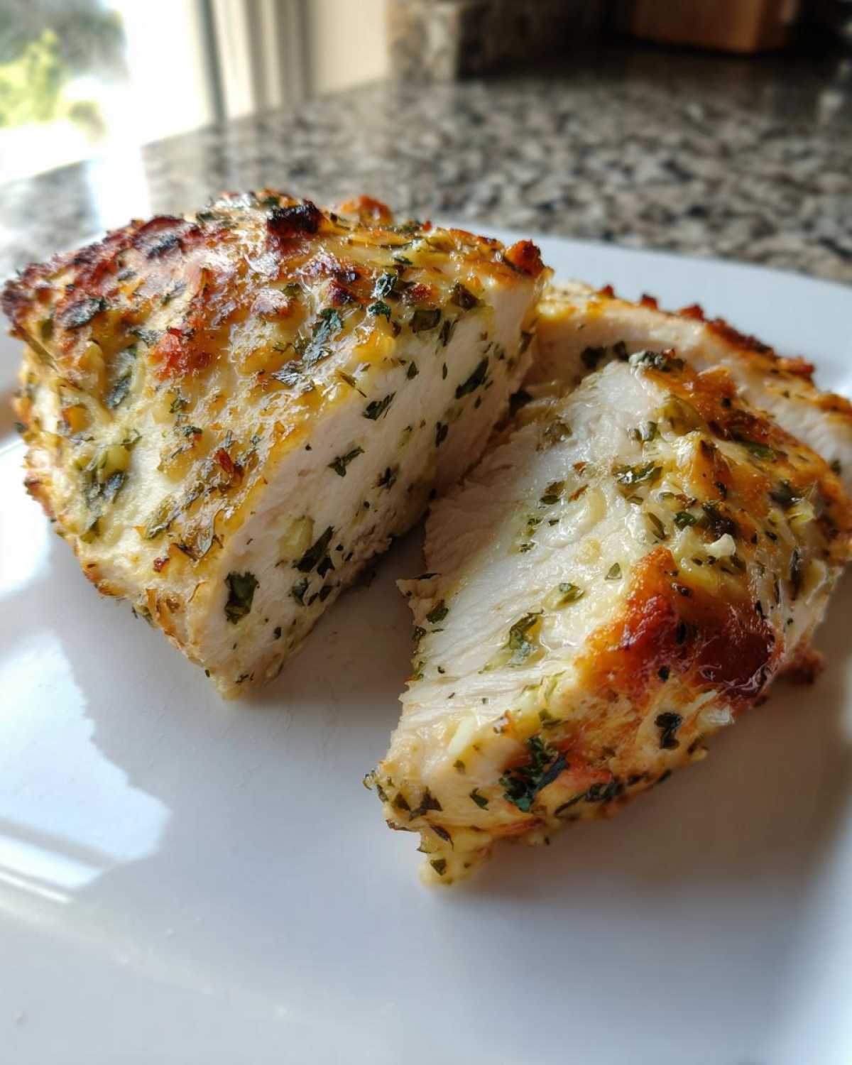 Cross-section view of a juicy baked chicken breast, seasoned with herbs and garlic, sliced on a white plate.