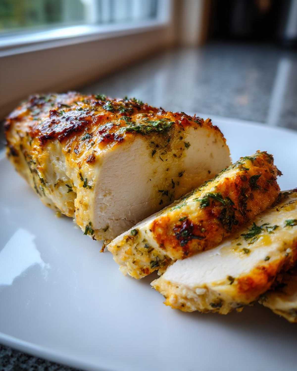 A perfectly cooked baked chicken breast, sliced to show juicy white meat and a golden, herb-crusted exterior.