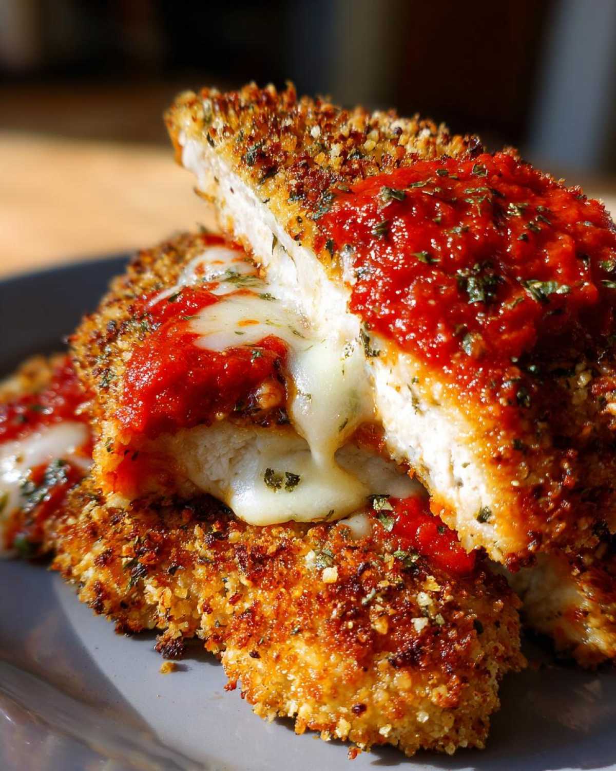 Close-up of a juicy chicken parmesan recipe cut in half showing melted mozzarella cheese oozing out, topped with marinara sauce.