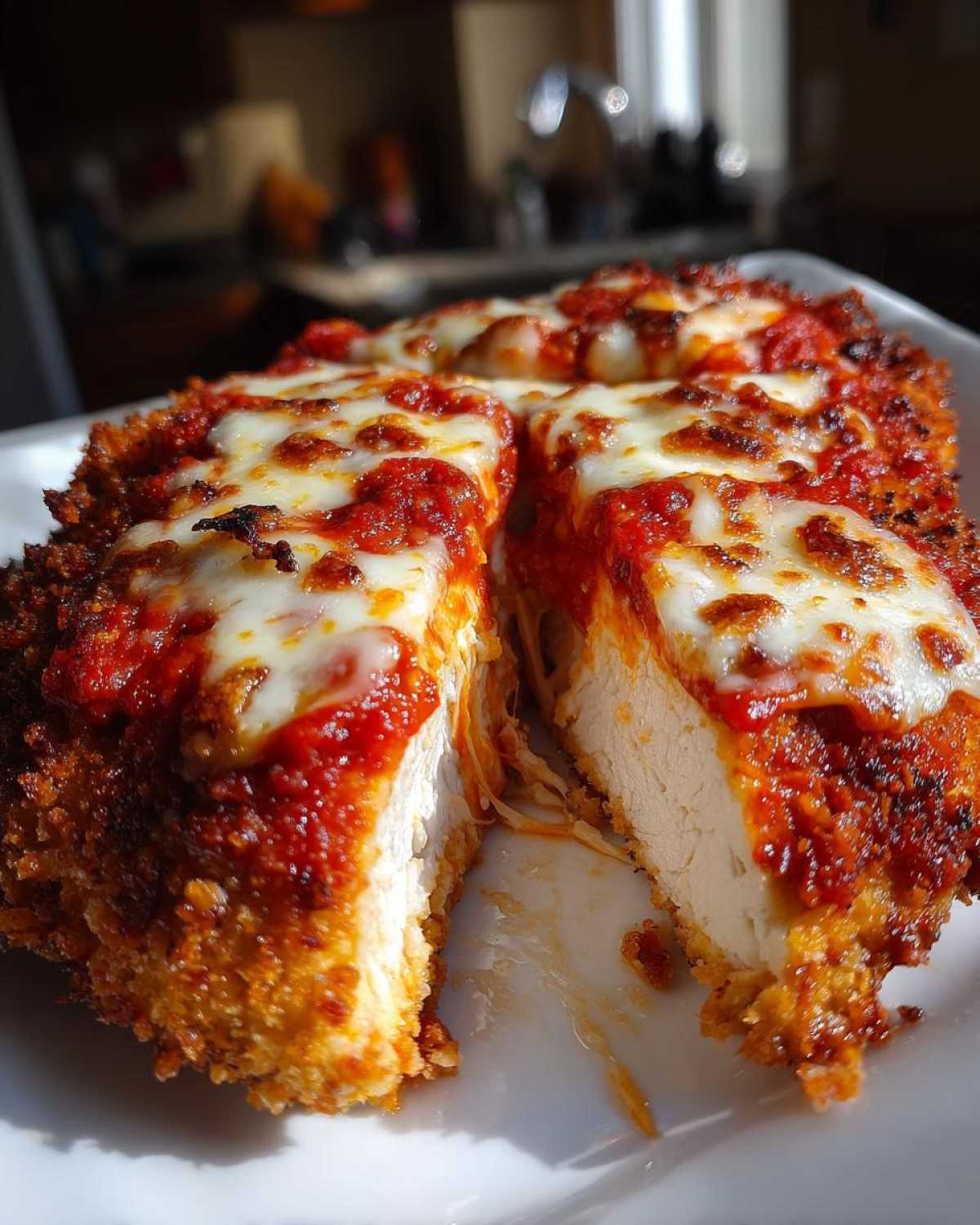 Cross-section view of a breaded chicken parmesan recipe, showing white chicken meat topped with melted mozzarella and marinara sauce.