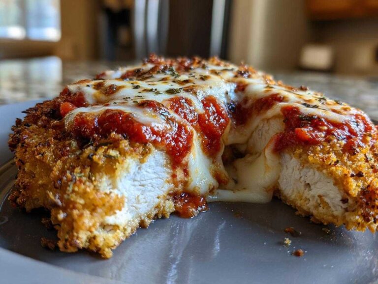Close-up of a cross-section showing the juicy interior of a breaded chicken parmesan recipe topped with melted mozzarella and marinara sauce.