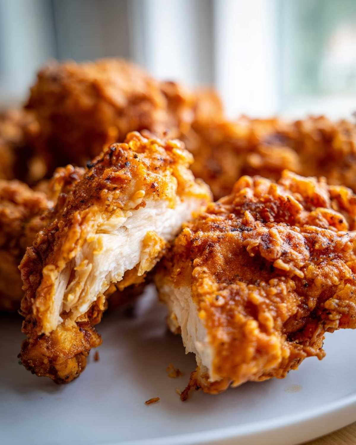 Close-up of perfectly cooked fried chicken cut in half, showing juicy white meat and a thick, crispy golden-brown crust.