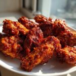 Close-up of several pieces of glossy, saucy Korean fried chicken on a white plate, catching the sunlight.
