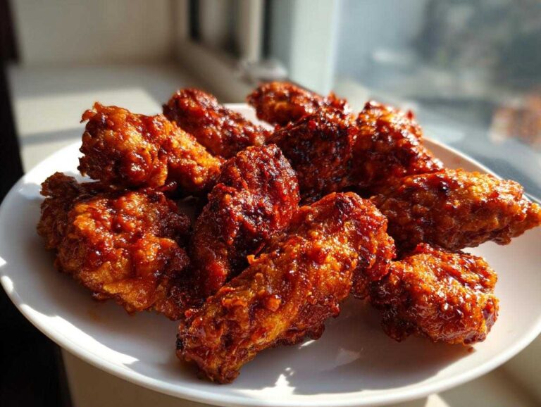 Close-up of several pieces of glossy, saucy Korean fried chicken on a white plate, catching the sunlight.