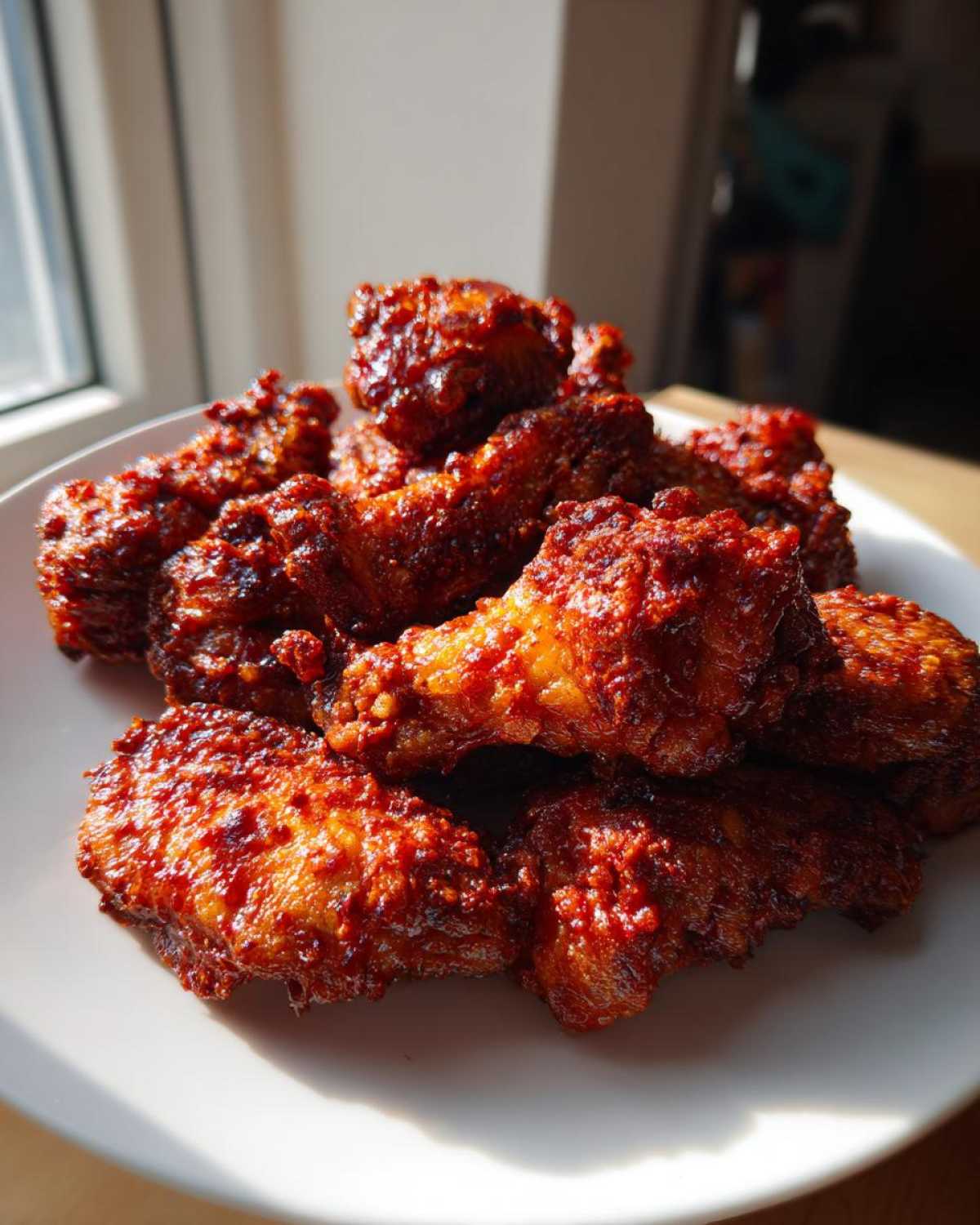 A plate piled high with crispy, deep red glazed Korean fried chicken wings, illuminated by sunlight.