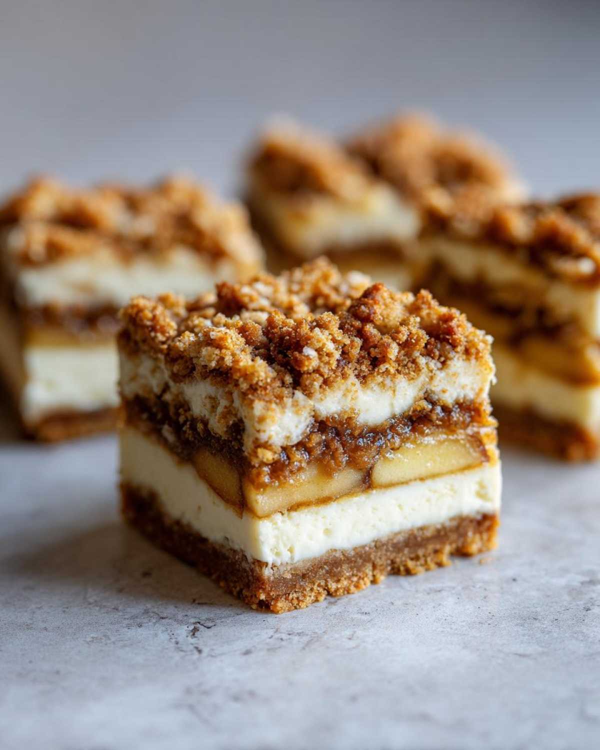 A close-up, layered slice of apple cheesecake bars featuring a graham cracker crust, creamy cheesecake, spiced apple filling, and a crunchy crumble topping.