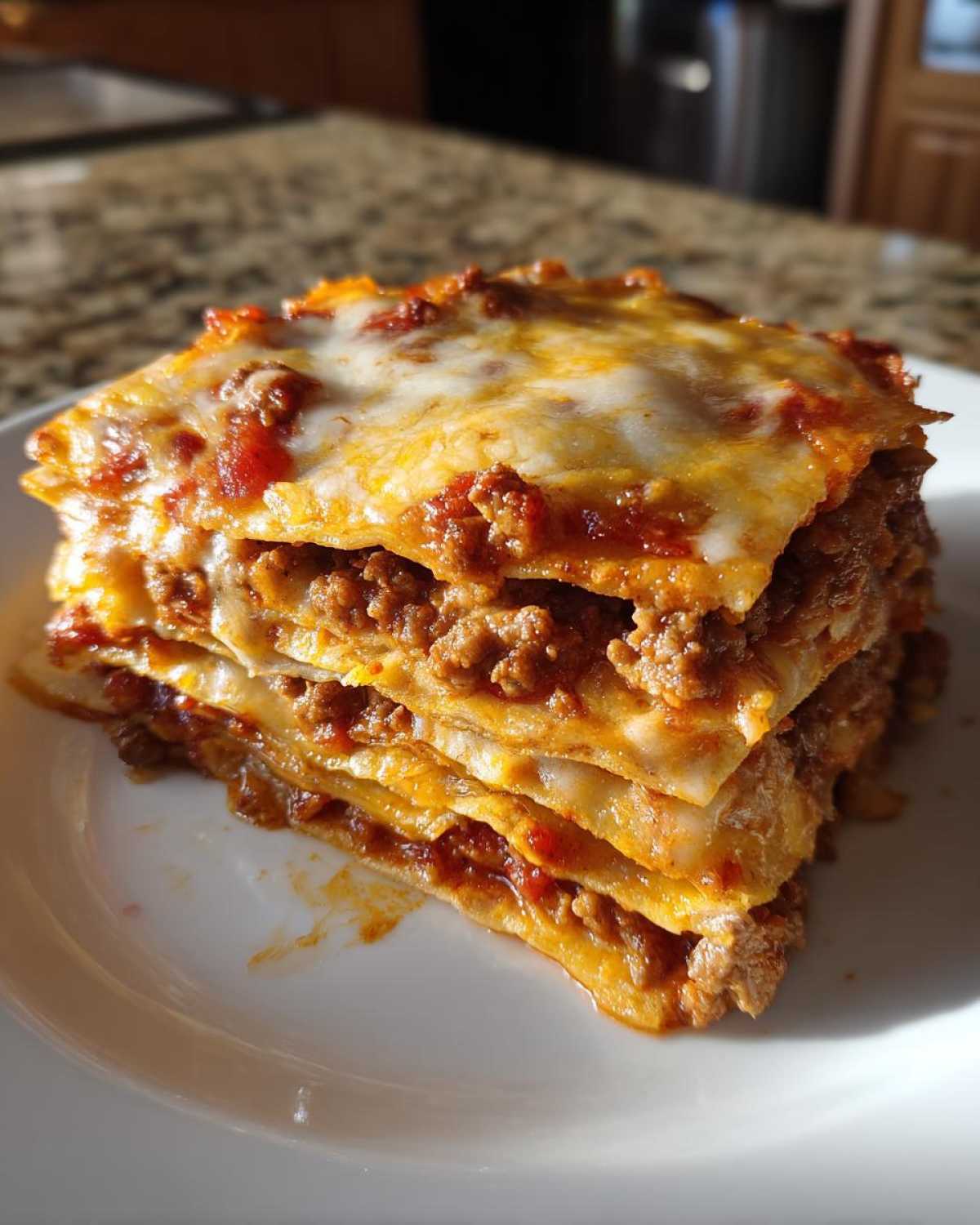 A thick, layered stack of food resembling lasagna, likely representing the layers of a Mexican pizza.
