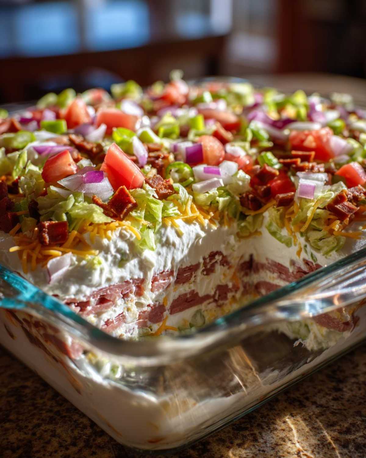 A serving has been taken from a layered hoagie dip topped with lettuce, tomatoes, onions, and bacon bits.
