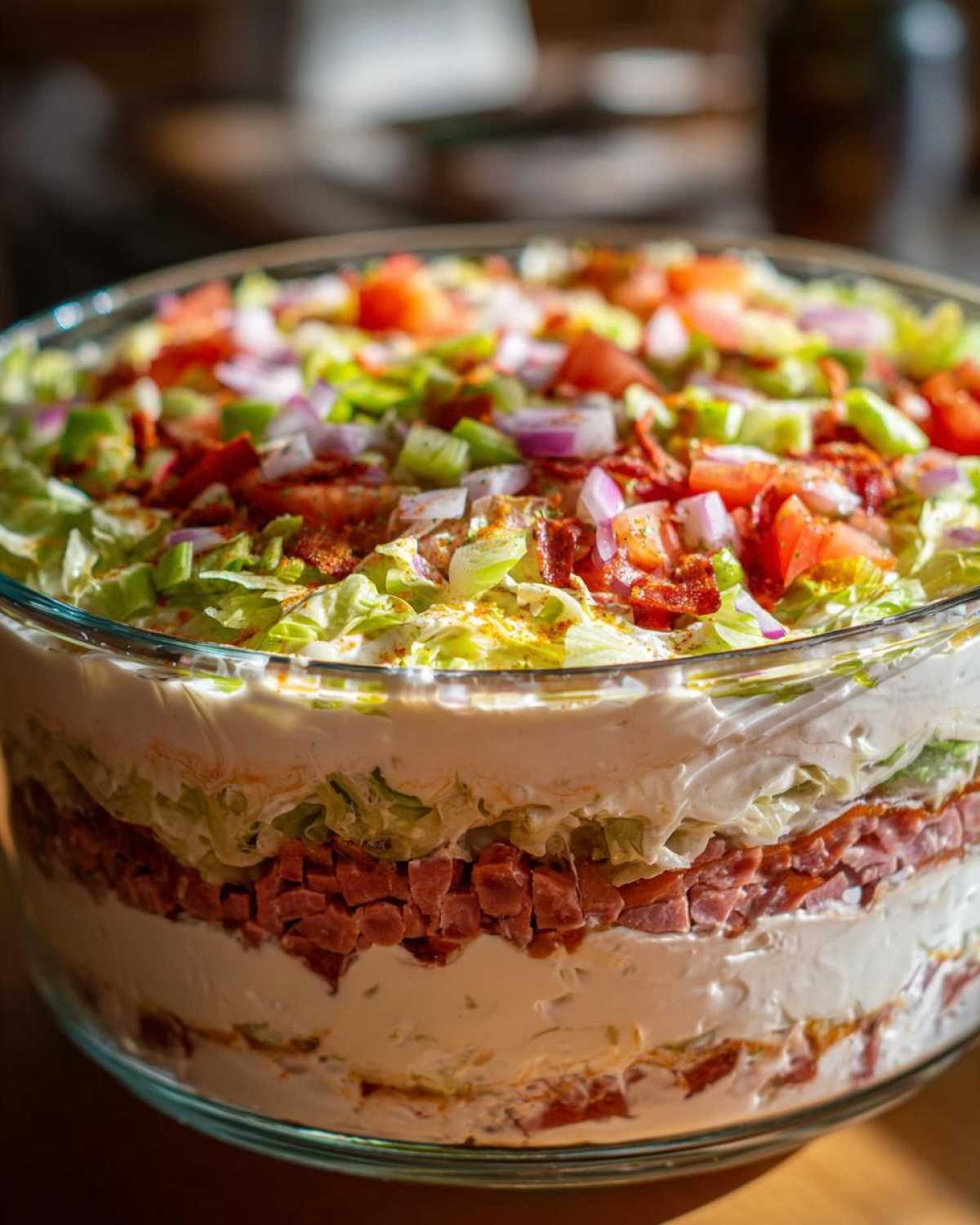Close-up of a layered hoagie dip in a clear glass bowl, featuring cream cheese, salami, lettuce, tomatoes, and onions.