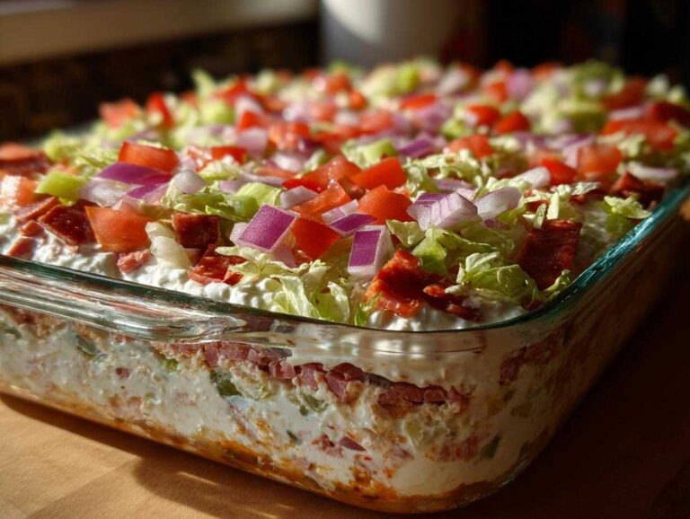 Close-up of a layered hoagie dip topped with lettuce, tomatoes, red onion, and pepperoni.