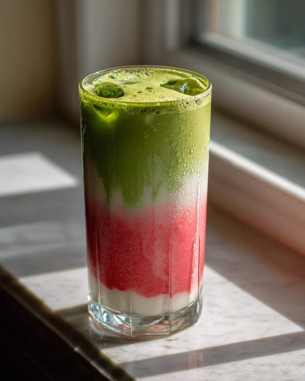 A vibrant, layered strawberry matcha drink with white milk base, pink strawberry puree, and green matcha foam on top, sitting on a marble counter.