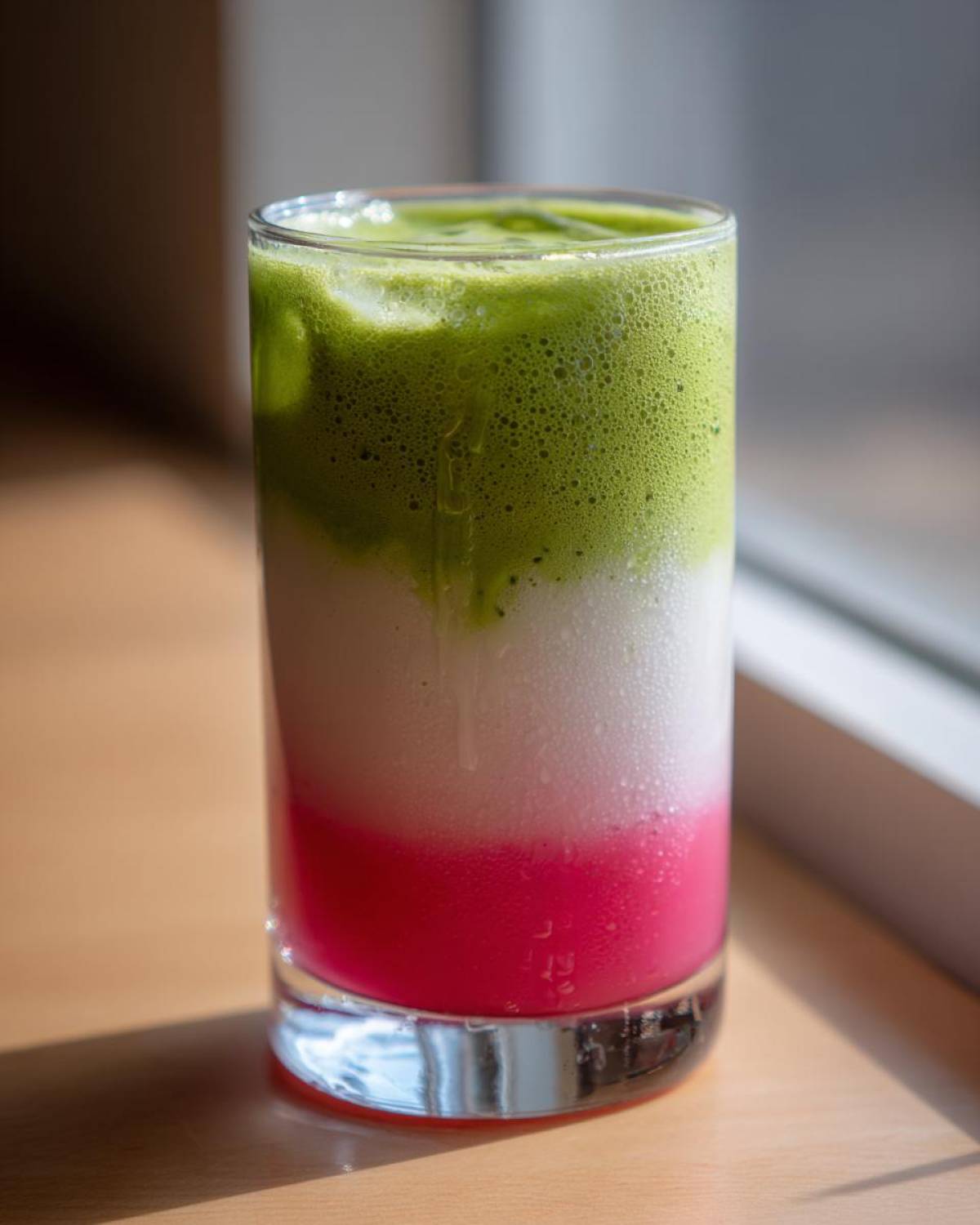 A tall glass showing a layered strawberry matcha drink with bright pink, white, and vibrant green matcha layers.