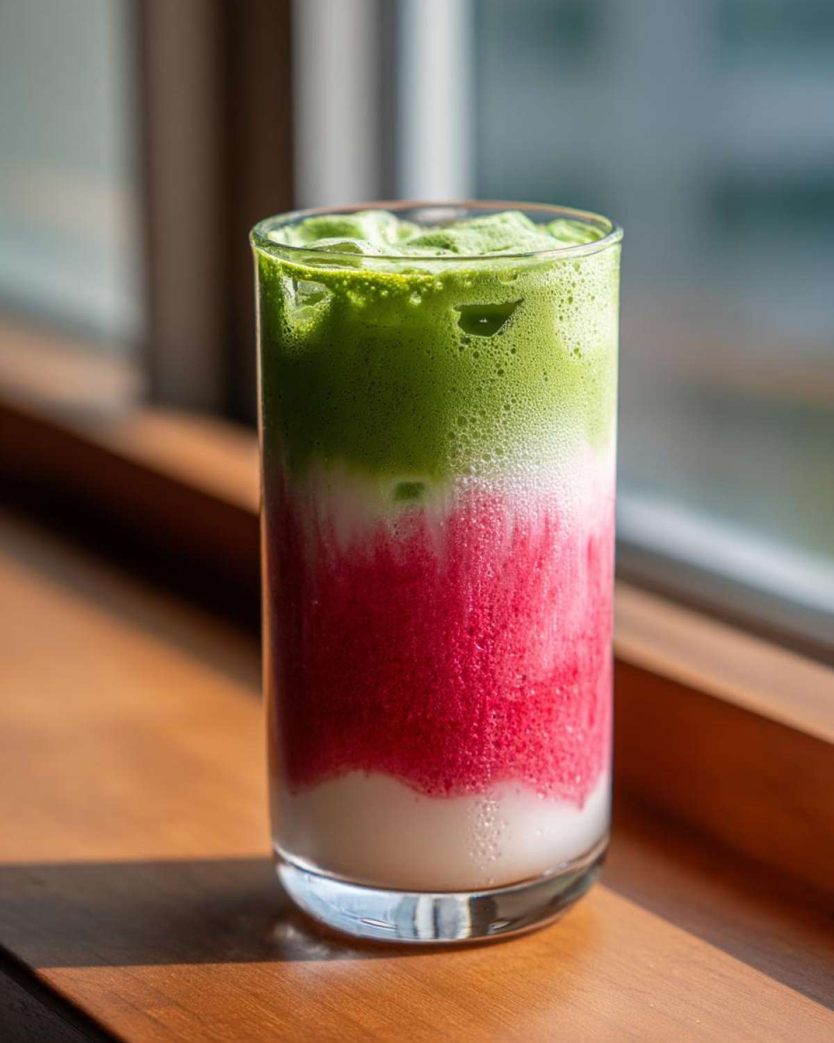 A tall glass showing a layered strawberry matcha drink with white milk, bright red strawberry puree, and green matcha foam on top.