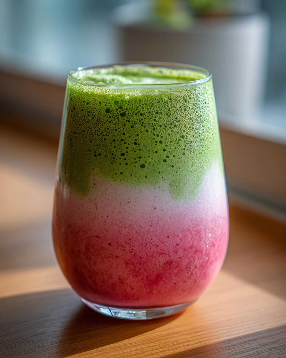 A tall glass showing a layered strawberry matcha drink with a bright pink bottom layer and a vibrant green matcha foam top.
