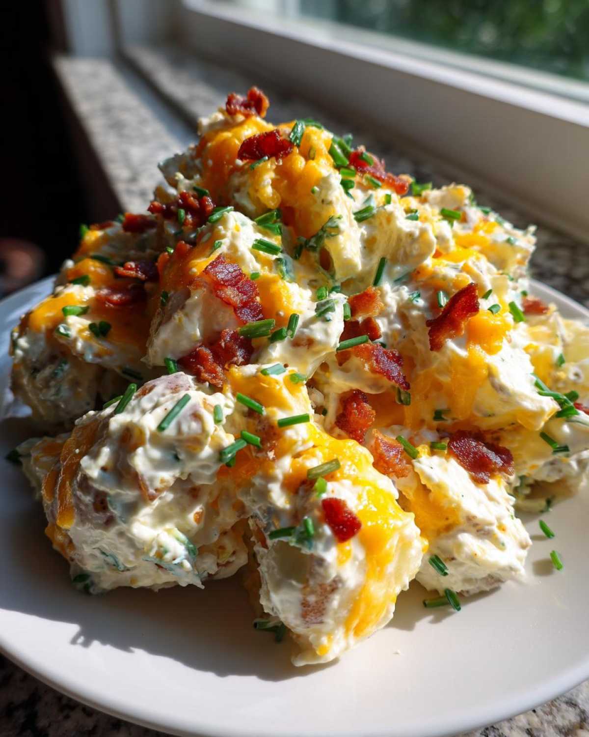 A mound of creamy baked potato salad topped with melted cheddar cheese, bacon bits, and fresh chives.