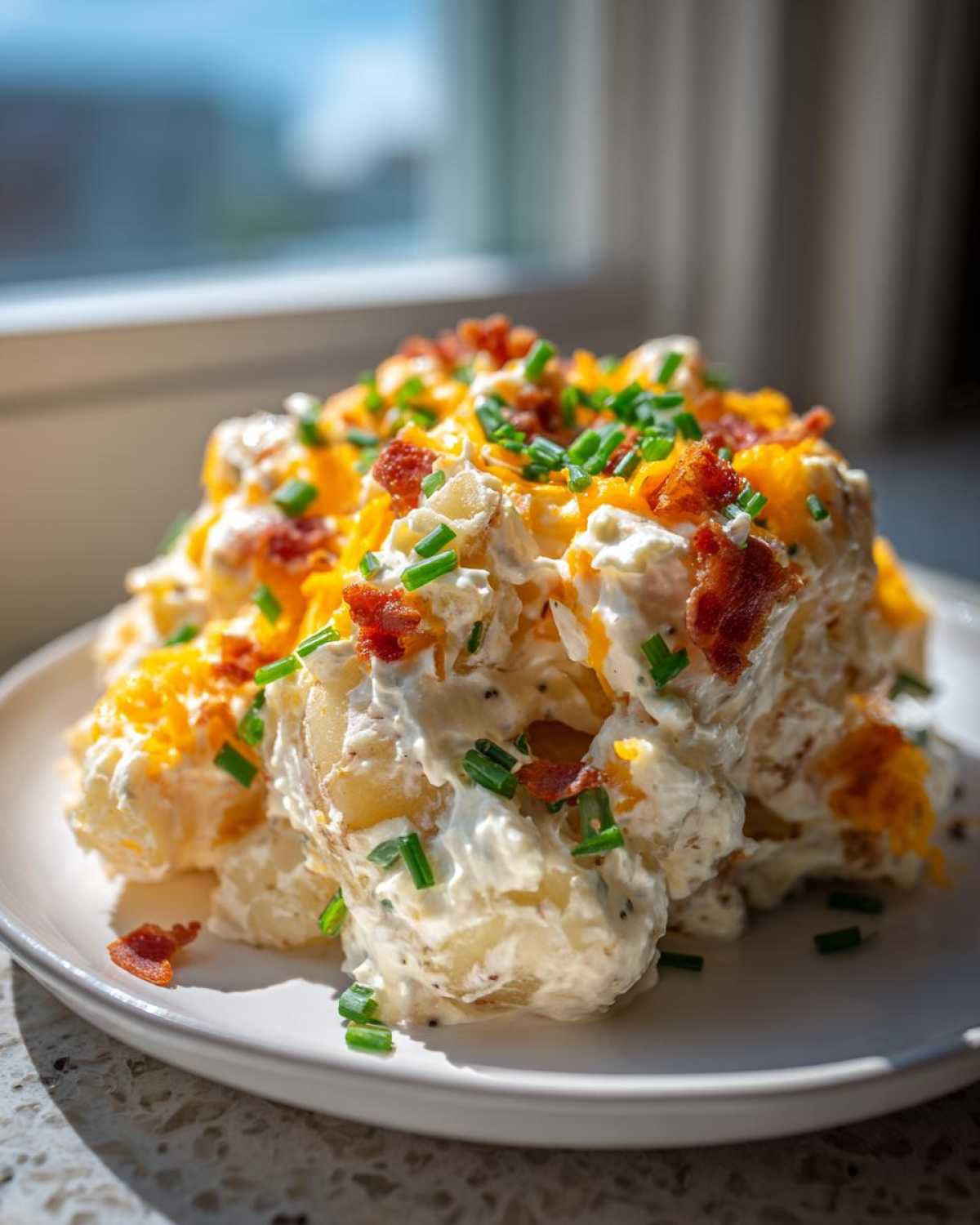 A mound of creamy baked potato salad topped generously with shredded cheddar cheese, bacon bits, and fresh chives.