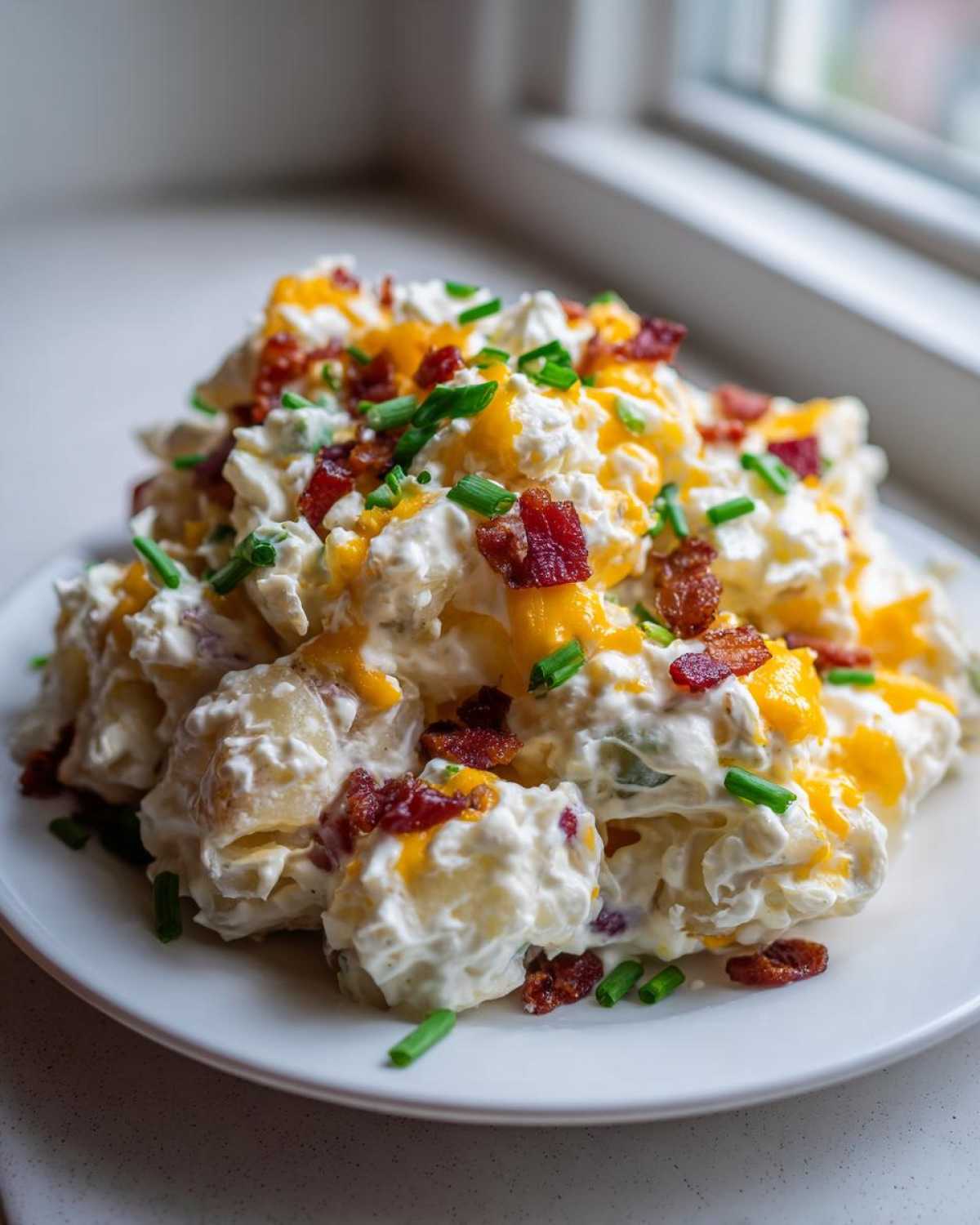 A generous serving of creamy baked potato salad topped with cheddar cheese, bacon bits, and fresh chives.