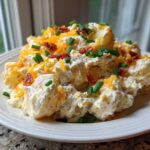 A generous serving of creamy baked potato salad topped with shredded cheddar cheese, bacon bits, and fresh chives.