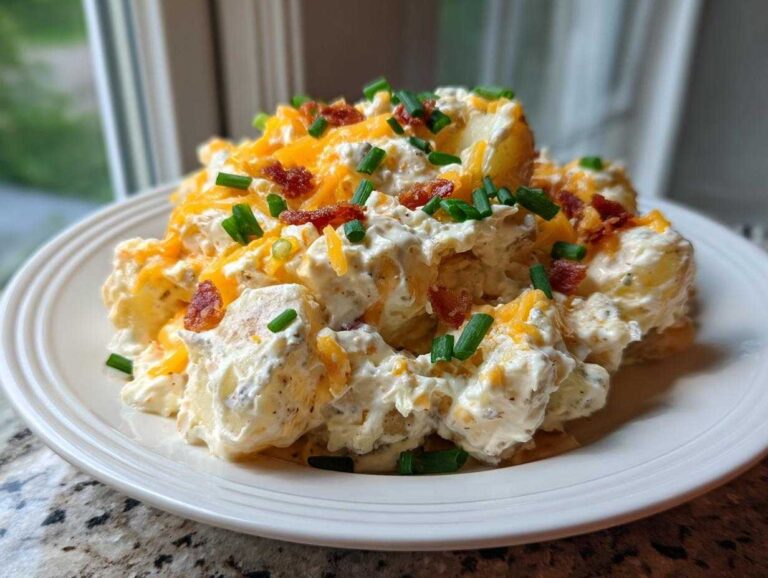5 Amazing baked potato salad Secrets A generous serving of creamy baked potato salad topped with shredded cheddar cheese, bacon bits, and fresh chives.