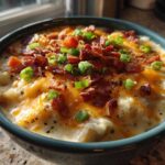 A close-up of a hearty bowl of loaded baked potato soup, topped with melted cheddar cheese, crispy bacon bits, and green onions.