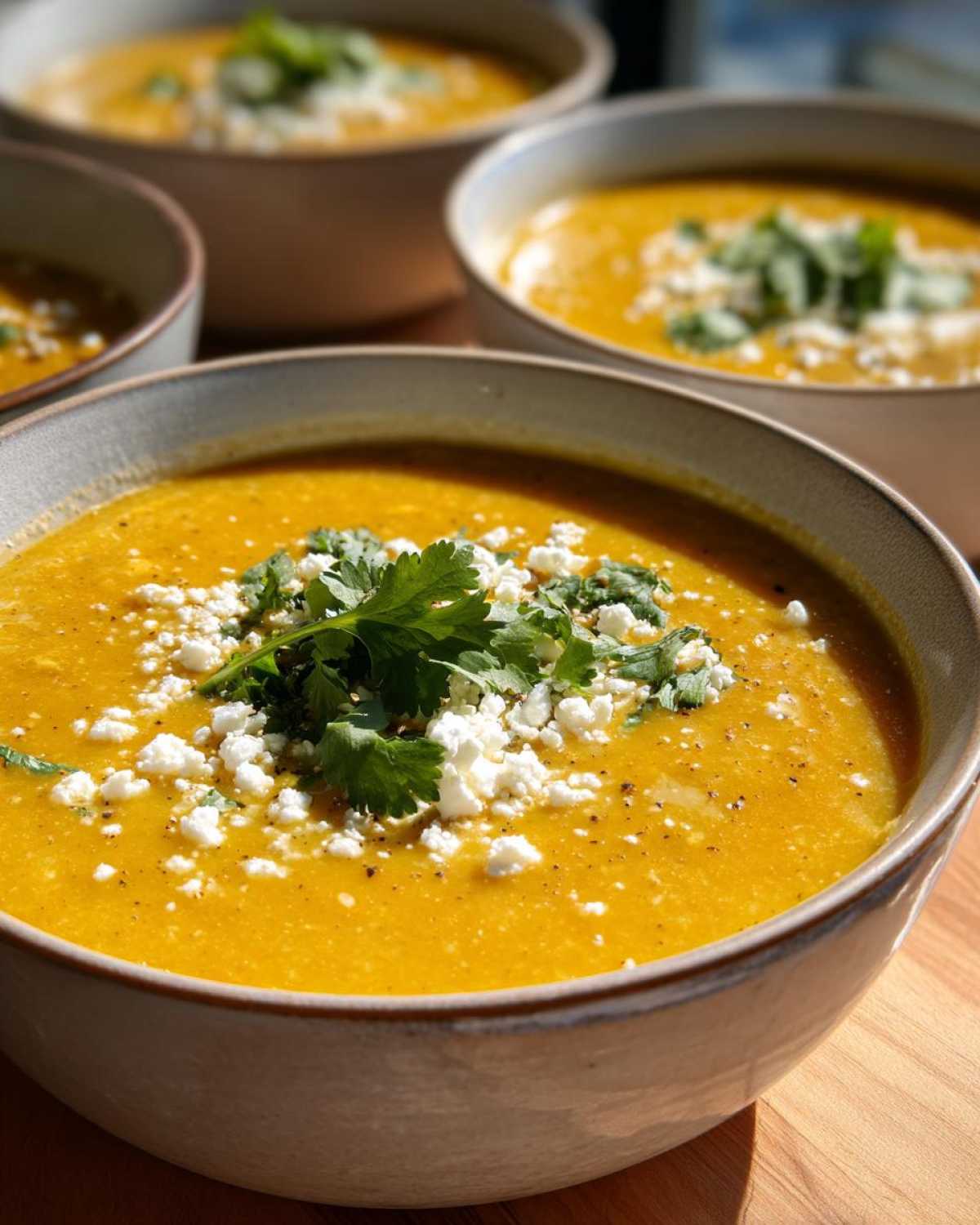 Close-up of a bowl of bright yellow mexican street corn soup topped with cotija cheese and cilantro.
