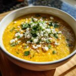 Close-up of a vibrant yellow mexican street corn soup topped generously with crumbled white cheese and fresh cilantro.