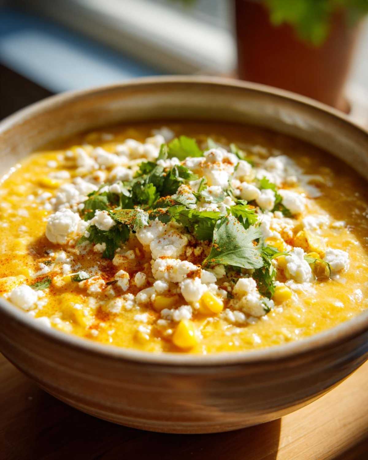 Close-up of a bowl of rich, yellow mexican street corn soup topped with crumbled white cheese and fresh cilantro.