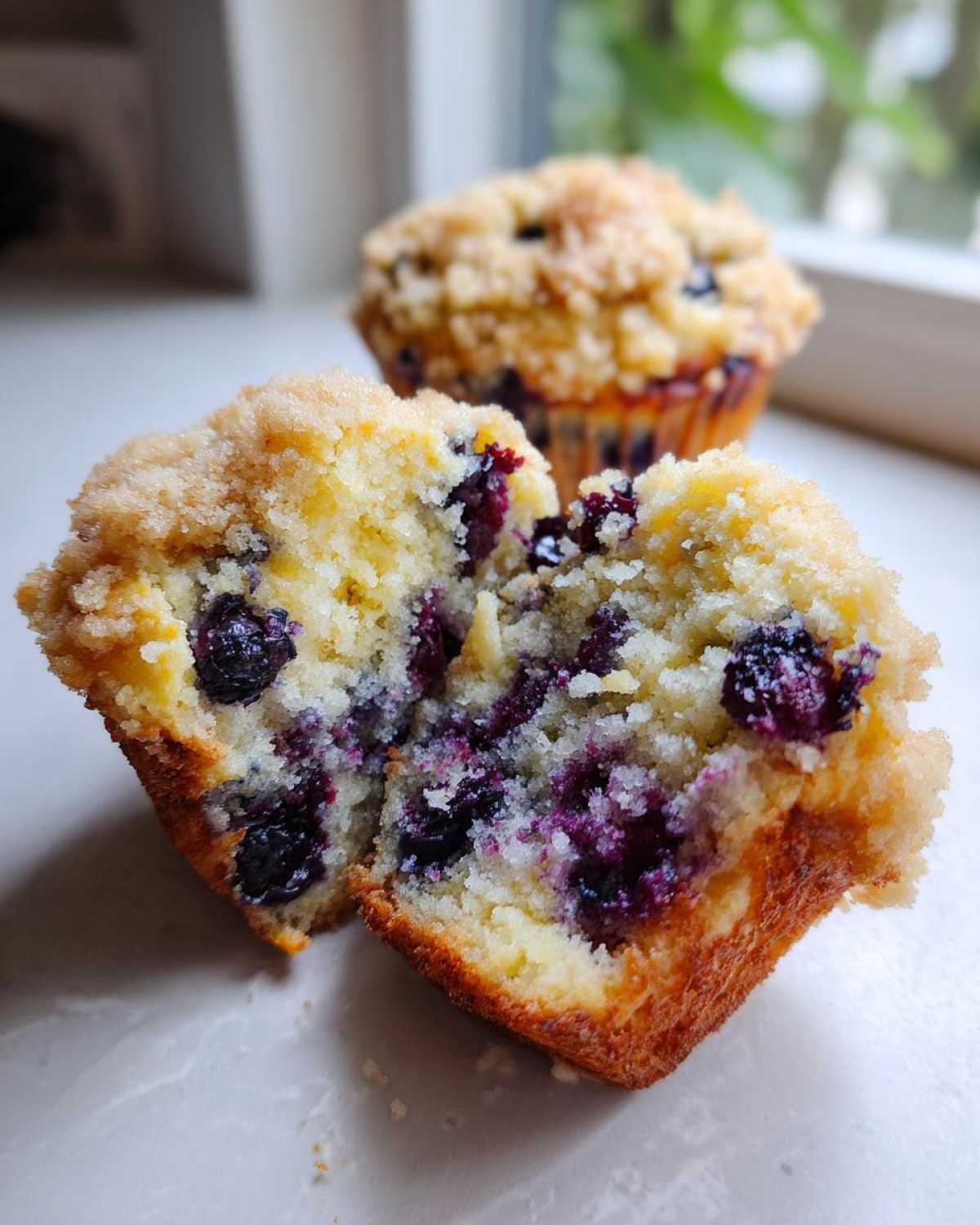 Close-up of a moist blueberry muffin cut in half, showing abundant blueberries and crumb topping.