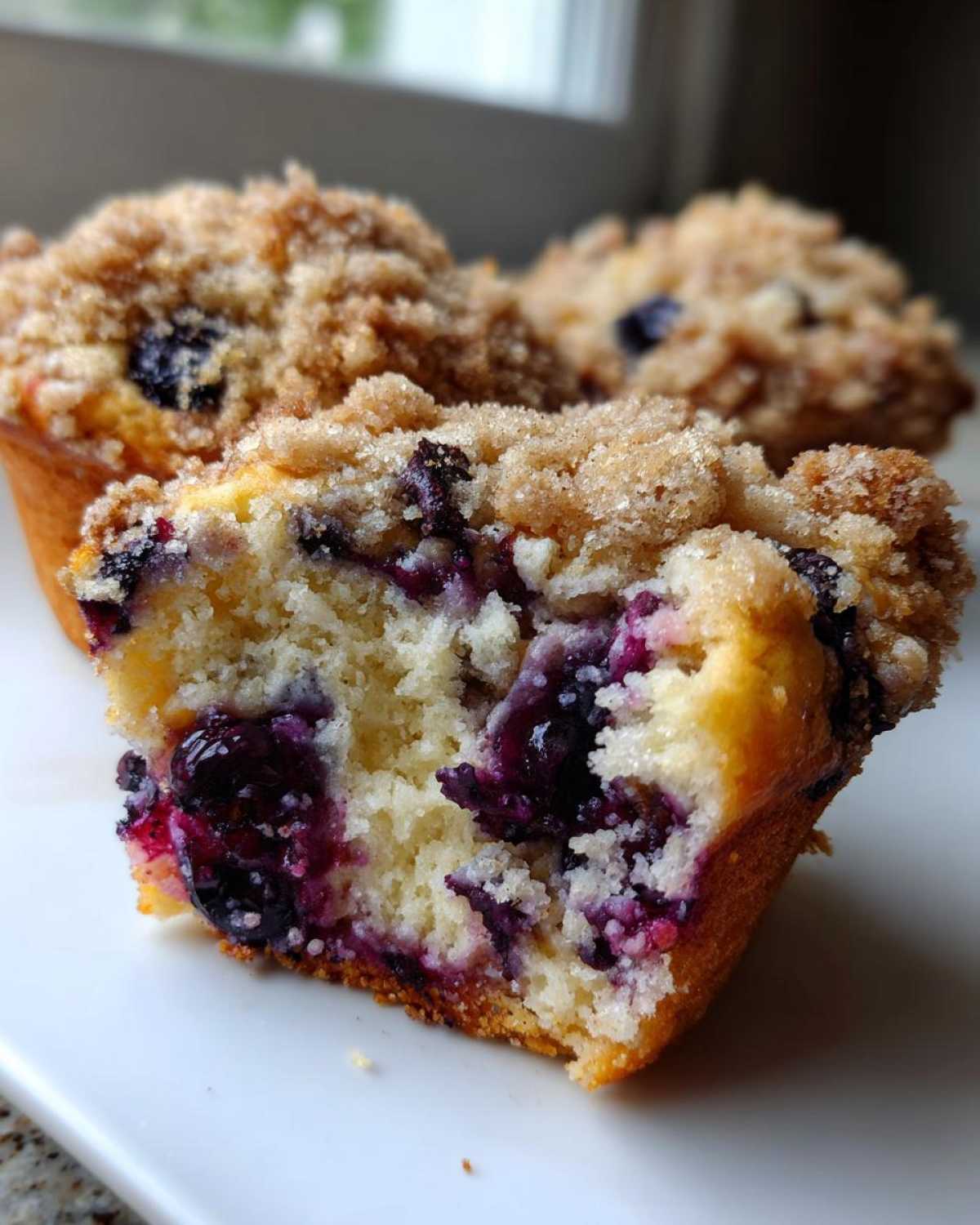 Close-up of a halved blueberry muffin showing its moist crumb, bursting blueberries, and sugary streusel topping.