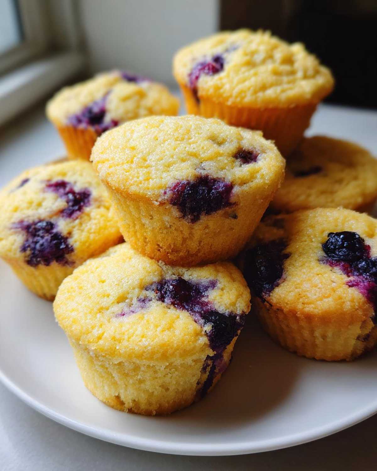 A stack of golden, moist blueberry protein muffins resting on a white plate near a window.