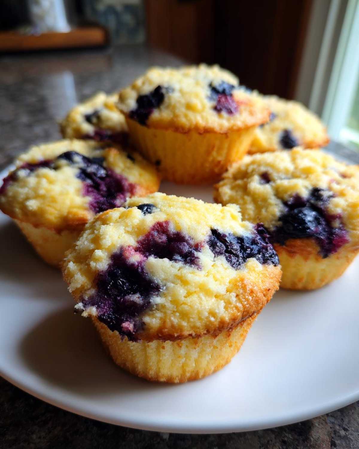 A close-up of several moist blueberry protein muffins topped with a light crumble, served on a white plate.