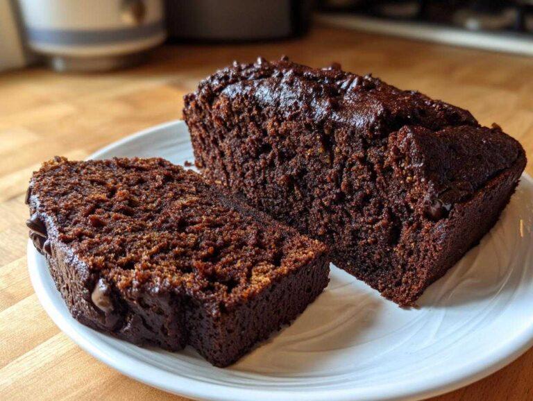 Two slices of rich, dark chocolate bread with a moist crumb and chocolate chips on a white plate.