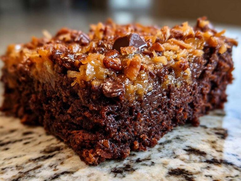 Close-up of a rich, moist slice of german chocolate poke cake topped with coconut pecan frosting.