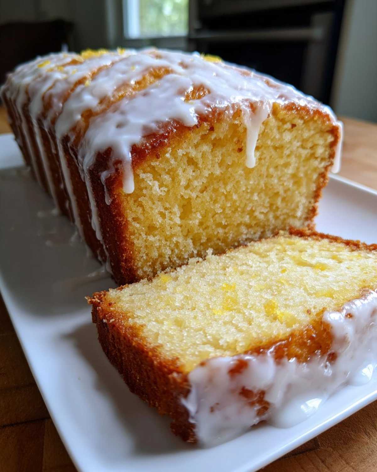 A close-up of a moist lemon loaf with a thick, white glaze dripping down the sides, one slice cut and resting beside the main loaf.