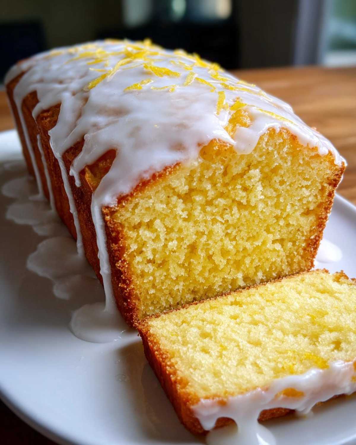 A close-up of a sliced lemon loaf drizzled with white icing and topped with bright yellow lemon zest.