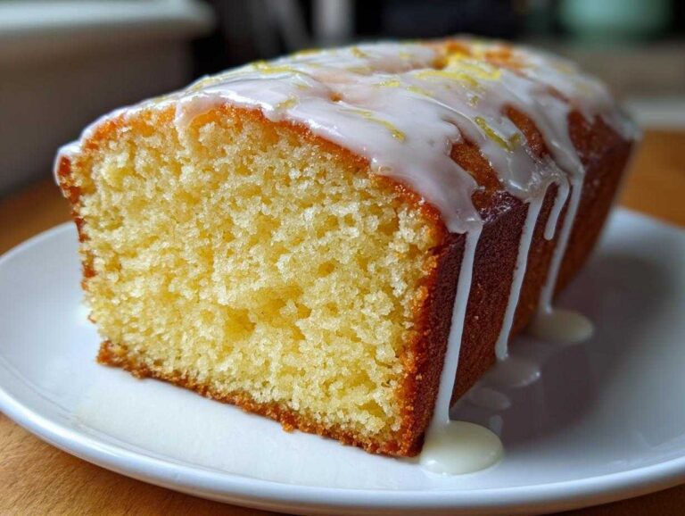 Close-up of a moist slice of lemon loaf cake topped with white glaze and lemon zest.